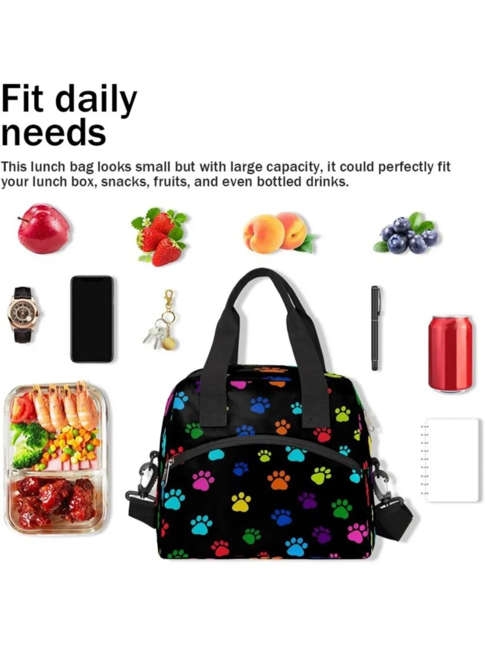 Colorful Paw Print Insulated Lunch Bag | Waterproof Cooler Handbag with